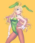  ahoge animal_ears bare_shoulders blonde_hair bow bowtie breasts bunny_ears bunnysuit cleavage detached_collar green_eyes highres hoshii_miki idolmaster idolmaster_(classic) long_hair looking_at_viewer medium_breasts oku_(okumen) one_eye_closed pantyhose simple_background solo wrist_cuffs 