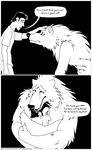  black_and_white canine comic dialog english_text hug human kobi_lacroix male mammal monochrome petting plain_background size_difference text wolf 