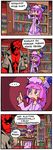  1boy 1girl 4koma blue_bow book bookshelf bow comic commentary crescent crossover demon_boy finnish hellboy hellboy_(comic) library no_pupils patchouli_knowledge profanity purple_eyes purple_hair reading red_bow red_skin setz sitting touhou translated voile yellow_eyes yellow_sclera 