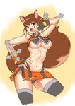  animal_ears bad_id bad_pixiv_id blazblue breasts brown_eyes brown_hair gloves hand_on_hip large_breasts maccyman makoto_nanaya midriff navel orange_skirt revealing_clothes skirt smile solo squirrel_tail tail tonfa underboob weapon 