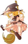  alphes_(style) apron black_dress black_hair blonde_hair bow braid broom broom_riding dairi dress full_body hat hat_bow kirisame_marisa open_mouth parody pointing pointing_at_viewer puffy_sleeves sash shirt shocked_eyes short_sleeves single_braid solo style_parody touhou transparent_background waist_apron witch_hat yellow_eyes 