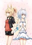  animal_ears azure_luna bare_shoulders blonde_hair blue_hair dress fox_ears frown hair_ornament hair_ribbon hands_clasped highres jacket long_hair looking_at_viewer multiple_girls open_mouth original own_hands_together ponytail red_eyes ribbon short_shorts shorts simple_background unbuckled_belt white_hair 