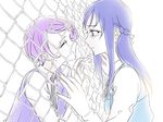  blue_hair chain-link_fence closed_eyes couple dokidoki!_precure fence hishikawa_rikka kenzaki_makoto long_hair multiple_girls negom precure purple_hair short_hair smile tears yuri 