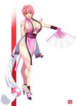  1girl absurdres breasts brown_eyes brown_hair cosplay fan fatal_fury highres king_of_fighters large_breasts long_hair looking_at_viewer open_mouth pink_hair ponytail shiranui_mai shiranui_mai_(cosplay) smile snk solo taiga00330 