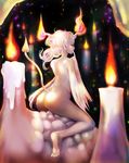 ass barefoot candle demon_tail finger_to_mouth fire flame kazaana long_hair nude original solo tail wax white_hair 