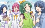  aida_mana aoki_reika blue_hair blue_sailor_collar braid closed_eyes cloud crossover day dokidoki!_precure dress eating green_hair green_shirt hair_ornament hair_ribbon hairclip half_updo happy heart hishikawa_rikka jappo long_hair midorikawa_nao multiple_girls oogai_daiichi_middle_school_uniform open_mouth pink_hair ponytail precure ribbon sailor_collar school_uniform serafuku shirt short_hair single_braid sketch sky sleeves_rolled_up smile smile_precure! standing trait_connection 