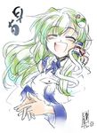  closed_eyes frog frog_hair_ornament green_hair hair_ornament hands_clasped interlocked_fingers kochiya_sanae long_hair long_sleeves open_mouth own_hands_together smile snake_hair_ornament solo takana_shinno touhou upper_body 
