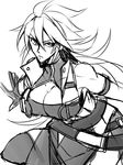  alpha-01 belt blazblue breasts cleavage genderswap genderswap_(mtf) greyscale kaneaki_mukku kneehighs large_breasts long_hair monochrome ragna_the_bloodedge sketch solo 