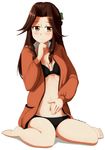  barefoot bikini brown_eyes brown_hair half_updo highres hood hoodie jintsuu_(kantai_collection) kama_iruka kantai_collection long_hair navel open_clothes open_hoodie sitting solo swimsuit wariza 