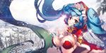  apple_caramel_(blue_n) blue_hair breasts brown_eyes christmas league_of_legends long_hair snow sona_buvelle twintails 