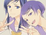  :d blue_hair blue_sailor_collar dokidoki!_precure hishikawa_rikka kenzaki_makoto long_hair multiple_girls negom oogai_daiichi_middle_school_uniform open_mouth precure purple_hair sailor_collar short_hair smile v 