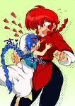  &gt;_&lt; 1girl aladdin_(magi) barefoot blue_hair blush braid breast_grab breasts closed_eyes commentary_request crossover genderswap genderswap_(mtf) grabbing green_background heart highres large_breasts long_hair magi_the_labyrinth_of_magic open_mouth polka_dot polka_dot_background ranma-chan ranma_1/2 red_hair saotome_ranma short_hair single_braid suzusato_rinka turban 