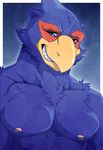  abstract_background aluminemsiren anthro avian beak biceps bird blue_body blue_eyes chest_tuft falco_lombardi feathers fur grin looking_at_viewer male muscles nintendo nipples pecs portrait pose smile solo standing star_fox teeth toned topless tuft video_games 