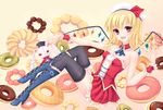  alternate_costume alternate_hairstyle bare_shoulders blonde_hair blush boots doughnut dress flandre_scarlet food fred0092 hat highres long_hair red_eyes short_hair side_ponytail sitting smile solo stuffed_animal stuffed_bunny stuffed_toy thighhighs touhou wings wrist_cuffs 
