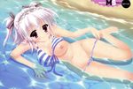  1girl absurdres barefoot beach bikini bikini_pull breast_slip breasts cleavage duplicate feet front-tie_bikini front-tie_top grey_hair highres hinamatsuri_touko imouto_spiral long_hair lying macaron_soft nipples ocean on_side one_breast_out panty_pull red_eyes sand senoo_chifuyu smile solo striped striped_bikini striped_swimsuit swimsuit twintails undressing water wet 