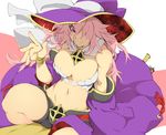  bare_shoulders breasts cleavage daikenja_magiko hair_over_one_eye hat kuzunoha large_breasts long_hair magiko_magika midriff navel pink_hair red_eyes shinrabanshou shorts smile solo witch_hat 