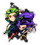  arrow bow chibi green_hair guitar highres instrument jojo_no_kimyou_na_bouken long_hair multiple_boys music nezitobi nijimura_keichou otoishi_akira pink_eyes playing_instrument purple_hair red_eyes short_hair 