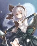  ascot black_hairband blouse dress green_eyes hairband hitodama konpaku_youmu konpaku_youmu_(ghost) long_sleeves looking_at_viewer otowa_(otoha4634) outdoors puffy_sleeves ribbon short_hair silver_hair snow solo sword touhou tree weapon 