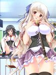  :d :p absurdres between_breasts black_eyes black_hair black_legwear blush breast_conscious breasts brown_eyes cameltoe chalkboard corset cowboy_shot fusataka_shikibu hiakari_haruka highres indoors instrument iwashimizu_tokiko large_breasts legs looking_at_viewer multiple_girls no_panties open_mouth panties pink_panties purple_skirt recorder saimin_seikatsu school_uniform sexually_suggestive sitting skirt skirt_lift smile standing sweatdrop thigh_gap thighhighs thighs tongue tongue_out underbust underwear white_hair white_legwear white_panties 