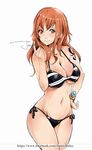  bikini breasts brown_eyes brown_hair cleavage come_hither earrings hand_on_hip jewelry large_breasts log_pose long_hair nami_(one_piece) navel one_piece relaxjon side-tie_bikini signature solo striped_bikini_top swimsuit tattoo watermark web_address white_background 