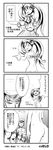  4koma 5girls admiral_(kantai_collection) bad_id bad_pixiv_id bar_censor blindfold censored cleave_gag cloth_gag comic detached_sleeves gag gagged gameplay_mechanics greyscale hair_ribbon highres improvised_gag isuzu_(kantai_collection) kantai_collection land-y long_hair monochrome multiple_girls nude ribbon school_uniform serafuku skirt thighhighs translated twintails 