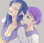  blindfold blue_hair blue_sailor_collar blush bra breasts cleavage couple dokidoki!_precure grey_background hishikawa_rikka kenzaki_makoto long_hair medium_breasts multiple_girls negom oogai_daiichi_middle_school_uniform open_clothes open_mouth open_shirt precure purple_hair sailor_collar school_uniform shirt short_hair simple_background underwear yuri 