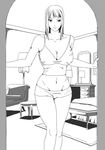  1girl breasts cleavage highres large_breasts lineart long_hair looking_at_viewer monochrome mound_of_venus navel nico_robin one_piece short_shorts shorts solo standing wumeng500 