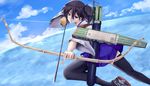  aiming arrow black_legwear bow_(weapon) brown_eyes brown_hair cloud day drawing_bow flight_deck gloves hiba_(p-p-purin) holding holding_arrow holding_bow_(weapon) holding_weapon japanese_clothes kaga_(kantai_collection) kantai_collection muneate ocean outstretched_arm partly_fingerless_gloves pleated_skirt quiver short_hair side_ponytail skirt sky solo sunrise thighhighs weapon yugake zettai_ryouiki 