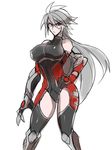  alpha-01 bare_shoulders blazblue bodysuit breasts covered_nipples curvy elbow_gloves fishnet_gloves fishnets genderswap genderswap_(mtf) gloves green_eyes hand_on_hip heterochromia kaneaki_mukku large_breasts long_hair ponytail ragna_the_bloodedge red_eyes silver_hair solo white_background 