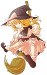  alphes_(style) apron black_dress black_hair blonde_hair bow braid broom broom_riding closed_eyes dairi dress full_body grin hat hat_bow kirisame_marisa parody pointing pointing_at_viewer puffy_sleeves sash shirt short_sleeves single_braid smile solo style_parody touhou transparent_background waist_apron witch_hat 