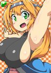  armpits arms_up breasts checkered checkered_background green_eyes huge_breasts kani_club long_hair open_mouth orange_hair original sideboob solo v 
