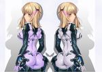  ass back-to-back bodysuit breasts brown_eyes brown_hair dimples_of_venus electricity long_hair medium_breasts multiple_girls only_haruka phantasy_star phantasy_star_online_2 shadow twintails 