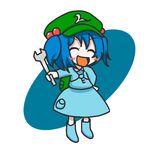  backpack bad_id bad_pixiv_id bag blue_hair blush blush_stickers boots chibi closed_eyes full_body hat kawashiro_nitori long_sleeves open_mouth pocket rubber_boots short_hair short_twintails simple_background skirt skirt_set smile solo sousou_(sousouya) tools touhou twintails two_side_up wrench 