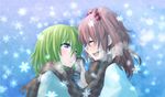  blue_eyes blush can closed_eyes commentary_request couple green_hair hot_chocolate kitsune_maru multiple_girls one_eye_closed onozuka_komachi open_mouth red_hair scarf shared_scarf shiki_eiki smile snow touhou two_side_up upper_body yuri 