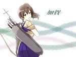  arrow bad_id bad_pixiv_id blush bow_(weapon) brown_eyes brown_hair character_name japanese_clothes kaga_(kantai_collection) kantai_collection kuroma_(no_plan) looking_back muneate open_mouth quiver short_hair side_ponytail skirt smile solo tasuki weapon 