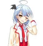 ;d ahoge blazer blue_hair blush fang hand_on_own_face inaho_gi_hikari jacket love_of_ren'ai_koutei_of_love! necktie one_eye_closed open_mouth piyodera_mucha school_uniform simple_background slit_pupils smile solo white_background yellow_eyes 