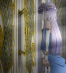  door from_side green_eyes highres long_hair outbreak_company petralka_anne_eldant_iii purple_hair screencap solo thighhighs tiara 