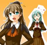  aqua_hair blue_eyes blush blush_stickers brown_hair hair_ornament hairclip kantai_collection kumano_(kantai_collection) long_hair multiple_girls nanaume_(shichimi_tougarashi) ponytail school_uniform serafuku skirt suzuya_(kantai_collection) thighhighs 