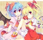  alternate_hairstyle apple ascot bad_id bad_pixiv_id bat_wings blonde_hair blood blue_hair bow brooch dress flandre_scarlet food fruit hair_bow jewelry licking_lips looking_at_viewer multiple_girls no_hat no_headwear one_eye_closed one_side_up pink_dress poooka puffy_sleeves red_eyes remilia_scarlet sash shirt short_sleeves siblings side_ponytail sisters skirt skirt_set smile striped striped_background tongue tongue_out touhou vertical-striped_background vertical_stripes vest wings wrist_cuffs 