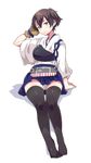  black_legwear blush brown_eyes brown_hair gloves ichihaya japanese_clothes kaga_(kantai_collection) kantai_collection muneate no_shoes panties partly_fingerless_gloves short_hair side_ponytail sitting solo tasuki thighhighs underwear white_panties yugake 