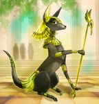  anubis bracelet canine deity digitigrade female feral jackal jewelry looking_at_viewer mammal melonleaf ring scepter sitting solo 