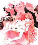  ! 1374597 1girl ;p bangs bat_(symbol) black_legwear blunt_bangs dress flower frills ghost hat long_hair looking_at_viewer one_eye_closed one_piece perona pink_hair solo tattoo thighhighs tongue tongue_out white_dress wink 