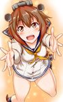  :d blush brown_eyes brown_hair dress hair_ornament headgear highres kantai_collection looking_at_viewer mizuse_kouichi open_mouth outstretched_arms outstretched_hand panties sailor_dress short_hair smile solo underwear yukikaze_(kantai_collection) 