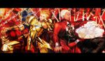  alcohol archer armor awa_suna blonde_hair chain couch dark_skin dark_skinned_male earrings enkidu_(weapon) fate/stay_night fate_(series) field_of_blades gilgamesh goblet jewelry letterboxed multiple_boys planted_sword planted_weapon red_eyes sword weapon white_hair wine 