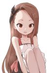  :d absurdres bare_shoulders black_bow black_skirt bow brown_eyes brown_hair commentary_request forehead hair_bow hairband highres idolmaster looking_at_viewer minase_iori open_mouth simple_background sitting skirt smile solo white_background yamamoto_souichirou 