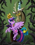  antler antlers cutie_mark discord_(mlp) draconequus duo equine fangs female flying friendship_is_magic hair horn john_joseco male mammal multi-colored_hair my_little_pony purple_eyes purple_hair red_eyes thorn thorns twilight_sparkle_(mlp) vines winged_unicorn wings 