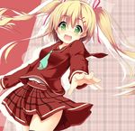  blonde_hair blush foreshortening green_eyes hair_ornament hair_ribbon hairclip long_hair nyafu_(moai_lion) open_mouth original plaid plaid_skirt reaching_out ribbon school_uniform serafuku skirt solo twintails 