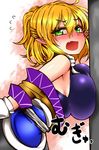  against_wall arm_warmers blonde_hair blush breast_press breasts ear_blush green_eyes highres large_breasts looking_at_viewer mizuhashi_parsee open_mouth pointy_ears roki_(hirokix) short_hair solo touhou 