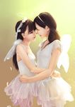  angel_wings arms_around_waist black_eyes black_hair bow butterfly_wings codec007 dress feathers hairband highres long_hair multiple_girls noses_touching original realistic smile white white_dress wings yuri 