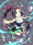  ahoge bad_id bad_pixiv_id brown_hair e-nya flower garter_straps green_eyes hair_flower hair_ornament hair_ribbon long_hair original outstretched_arms ponytail ribbon skirt smile solo spread_arms thighhighs very_long_hair wand 